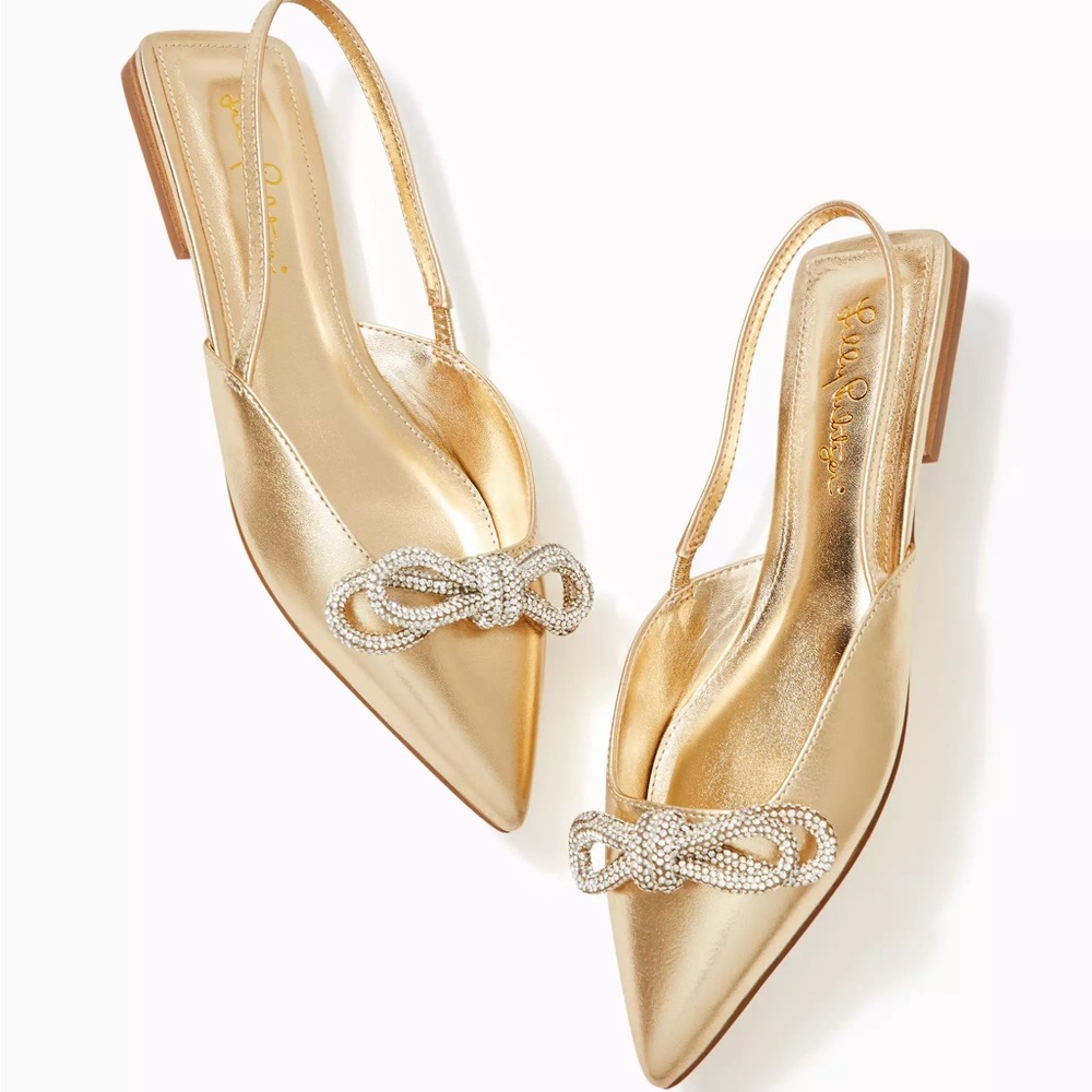 Lilly Pulitzer Gold Brit Leather Slingback Heels, Size 9.5